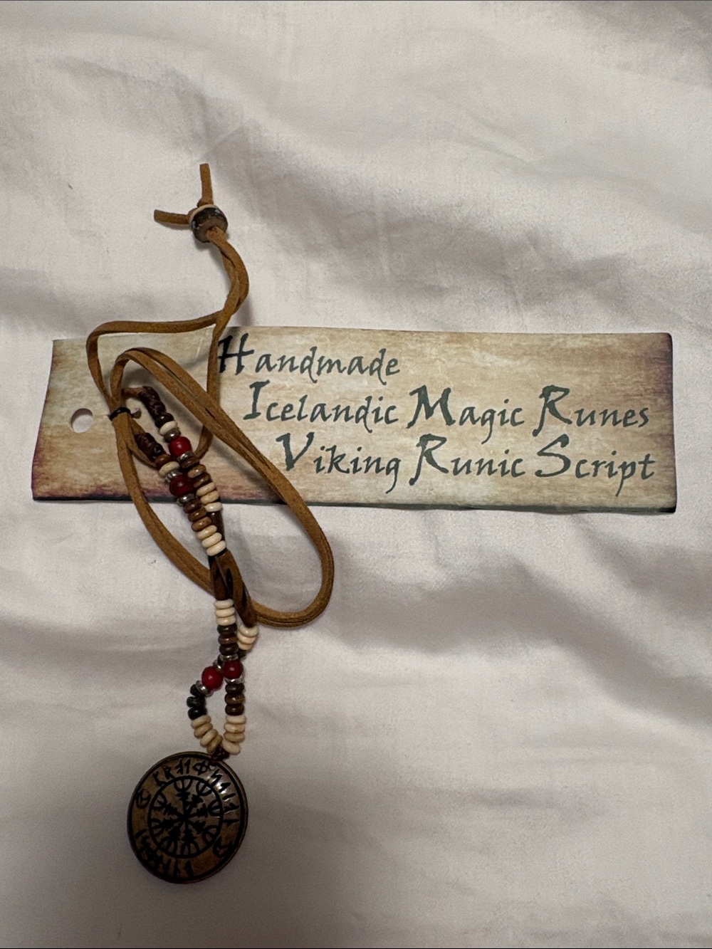 Viking Rune Wall Hanging Ornament with Brown Leather Cord and Red & Cream Beads